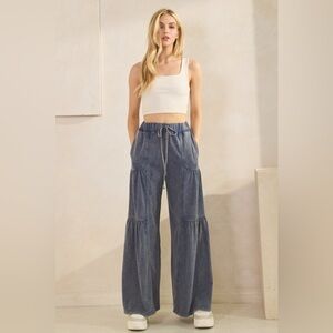 SF07 Washed Tiered Blue Wide Leg Pants